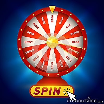 Fortune wheel on blue background. Gambling game. Raffle prizes. Random choice wheel logo. Round colorful lottery, casino Vector Illustration