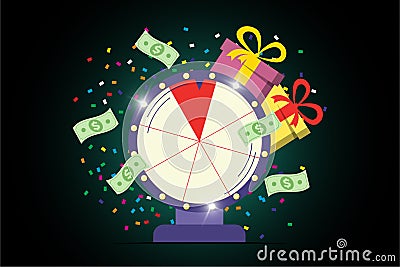 Fortune wheel poster. Spinning lucky roulette with win money cash, prize gifts and confetti on dark background. Gambling Vector Illustration