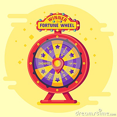 Fortune wheel winner. Lucky chance spin wheels game, modern turning money roulette and gambling vector flat poster Vector Illustration