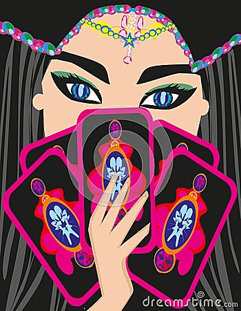 The Fortuneteller woman reads the future with cards Vector Illustration