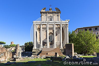 Forum Romanum, view of the ruins of several important ancient buildings, Temple of Antoninus and Faustina, Rome, Italy Stock Photo