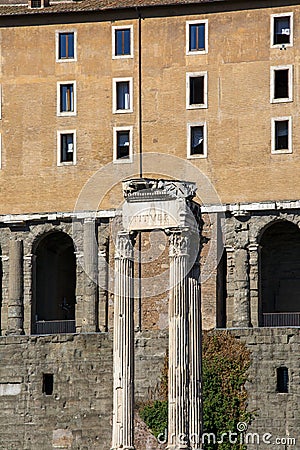 Forum Romanum, view of the ruins of several important ancient buildings,Temple of Vespasian and Titus, Rome, Italy Stock Photo