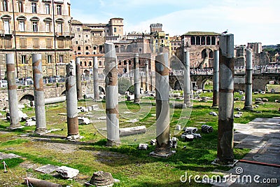 The forum of Trajan. Columns in the center of Rome remained from the ancient forum. The name of the ancient forum in honor of Stock Photo