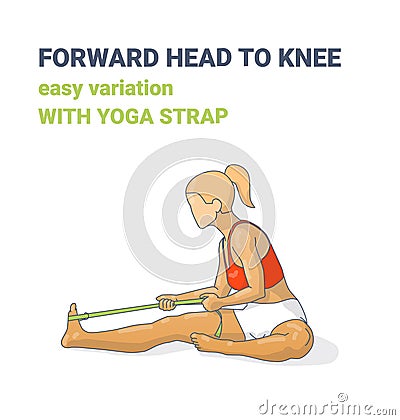 Forward Head to Knee or Janu Sirsasana Easy Variation with Yoga Strap Colorful Illustration Concept. Vector Illustration