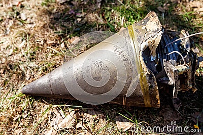 Forward part of ballistic missile after it fell, Ukraine and Donbass war conflict Editorial Stock Photo