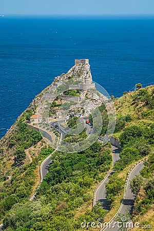 Panoramic view from Forza d`AgrÃ², with the Saracen Castle in the background. Province of Messina, Sicily, southern Italy. Stock Photo
