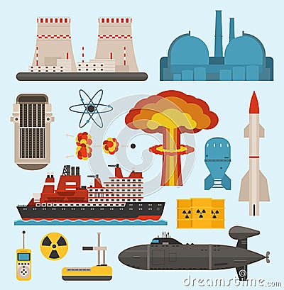 Fossil-fuel nuclear atomic power and renewable energy generating electricity nuclear energy vector illustration. Atomic Vector Illustration