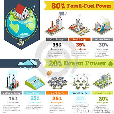 Fossil-fuel power and renewable energy generation infographics Vector Illustration