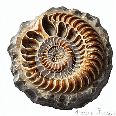Fossilized ammonite shell embedded in l strange old Stock Photo
