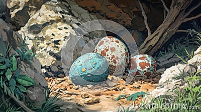Fossilized dinosaur eggs and nests giving clues about their nesting habits and parental care illuminating aspects of Stock Photo