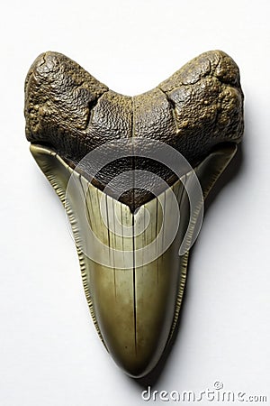 Fossilized tooth with sharp point on white background, dinosaur, white, fossil Stock Photo