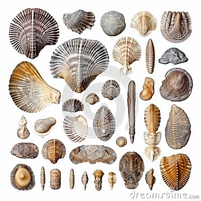 Fossils Set, Archeologic Fossil Dig Collection Isolated, Fossilized Prints of Prehistoric Plants and Animals Stock Photo