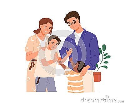 Foster family with adopted African child. Adoptive parents with kids. Happy international mother, father and sons Vector Illustration