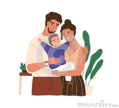 Foster family portrait. Happy mother, father and adopted kid. Smiling parents and adoptive child. Mom, dad and son Vector Illustration