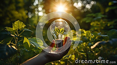 Fostering Environmental Harmony. Hand Gently Cradling Glowing Light Bulb Amidst Lush Green Leaves. Stock Photo