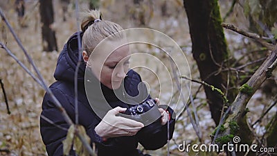 Fotograf dziewczyna chodzi na jesieni drewnie i bierze obrazki natura pierwszy śnieg Filmowy strzał wolny zbiory Fotograf dziewczyna chodzi na jesieni drewnie i bierze obrazki natura pierwszy śnieg Filmowy strzał wolny zbiory