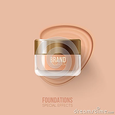 Foundation container mockup, cosmetic bottle package. Beige concealer strokes.Foundation beige liquid .Cosmetic make up. Vector Illustration