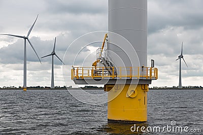 Foundation Dutch wind turbine in the sea Stock Photo