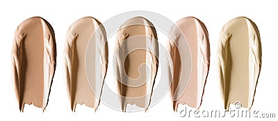 Foundation makeup swatch smear smudge set. Beige brown cosmetic cream concealer strokes isolated on white Stock Photo