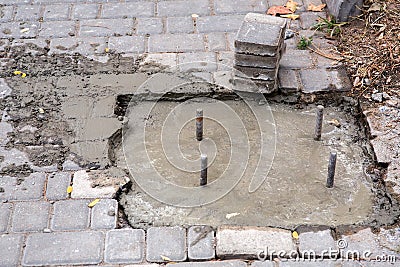 Foundation poured with liquid concrete. Stock Photo