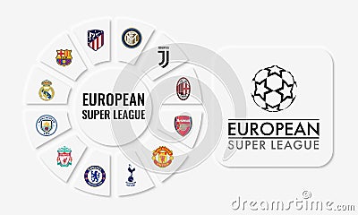 12 Founding football clubs Arsenal, Chelsea, Liverpool, Manchester CIty, Manchester United, Tottenham, Real Madrid, Atletico, Editorial Stock Photo