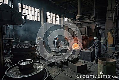 foundry with group of workers and machines, producing various metal parts Stock Photo