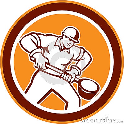 Foundry Worker Holding Ladle Circle Retro Vector Illustration