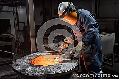 foundry worker, measuring and mixing ingredients to make new alloy Stock Photo