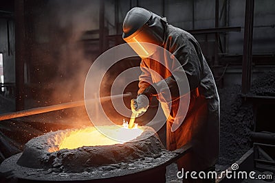foundry worker, pouring molten metal into mold Stock Photo