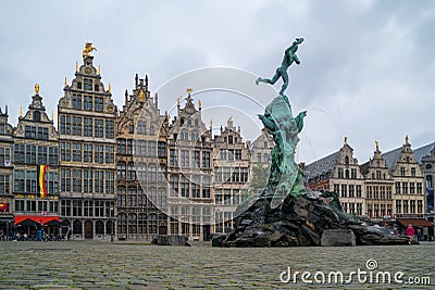 Fountain of Brabo in the old market square Grote Markt. Editorial Stock Photo