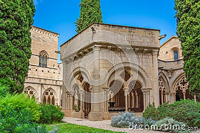 Fountain building at the twelfth century Cistercian monastery of Santa Maria de Poblet, Catalonia. Editorial Stock Photo