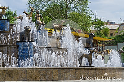 Fountain on central square of Kutaisi city in Georgia. Monuments of bronze animals. Tourists attraction Editorial Stock Photo