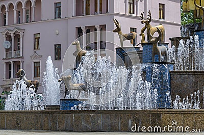 Fountain on central square of Kutaisi city in Georgia. Monuments of bronze animals. Tourists attraction Editorial Stock Photo