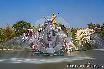 The fountain of dragons in Ancient Siam Stock Photo