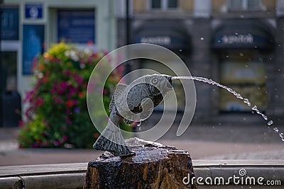 Fountain element in the form of a fish made of metal pouring Stock Photo