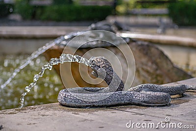 A fountain element in the form of a metal snake pouring Stock Photo