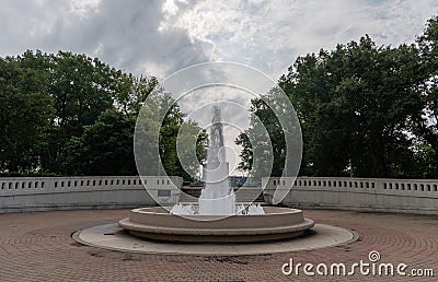 Fountain at the entrance to the John T. Myers pedestrian bridge over the Wabash river in Lafayette, Indiana Stock Photo