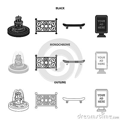 Fountain, fence, skate, billboard.Park set collection icons in black,monochrome,outline style vector symbol stock Vector Illustration