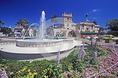Fountain and flowers at Balboa Park Gardens, San Diego, California Editorial Stock Photo