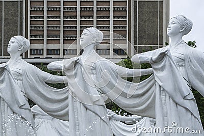 Fountain in front of the Grand People`s Study House, Pyongyang, North Korea Editorial Stock Photo