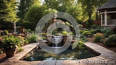 fountain in the garden Fantasy backyard landscaping with a patio, a waterfall, a pond, a garden, trees, plants, Stock Photo