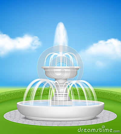 Fountain in garden. Water jet splashes spray on decorative grass outdoor realistic fountains vector background Vector Illustration