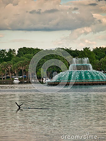 Fountain in the lake which is in the park Stock Photo
