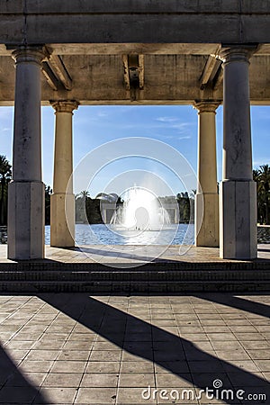 Fountain with monumental pillars in a Valencia garden Stock Photo