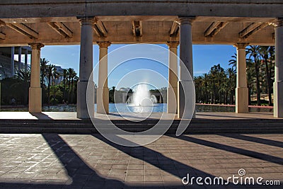 Fountain with monumental pillars in Valencia garden Stock Photo