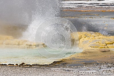 Fountain Paint Pot trail between gayser, boiling mud pools and burnt trees in in Yellowstone National Park Stock Photo