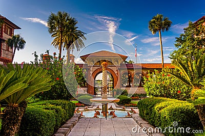 Fountain and palm trees at Flagler College, St. Augustine, Florida. Stock Photo