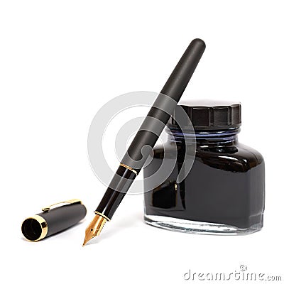 Fountain pen with ink bottle Stock Photo