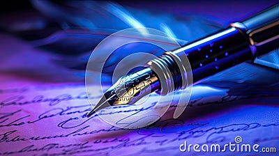 a Fountain pen resting on handwritten document. Generative Ai Stock Photo