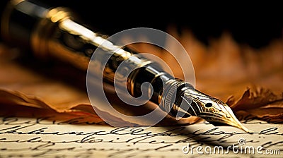 a Fountain pen resting on handwritten document. Generative Ai Stock Photo